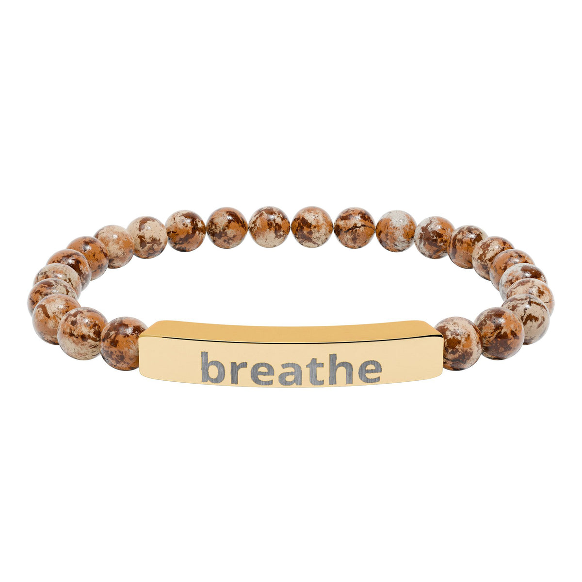 The Quiet Luxe Bracelet with picture jasper beads and an 18K gold PVD engraved bar
