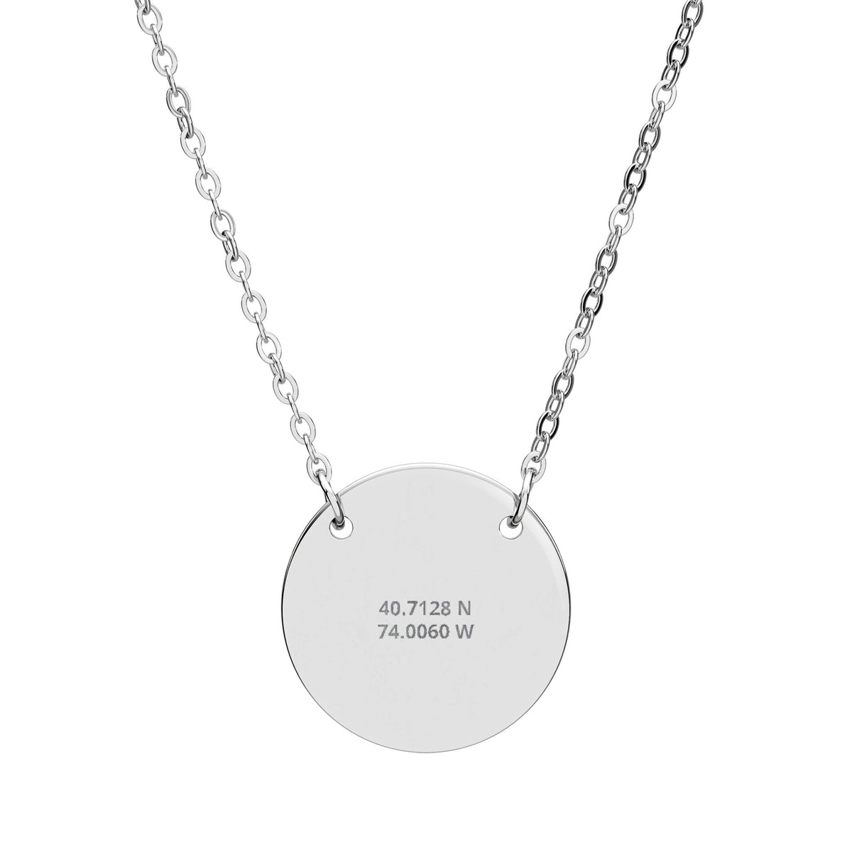 The Coordinates Necklace in stainless steel - disc pendant engraved with latitude and longitude