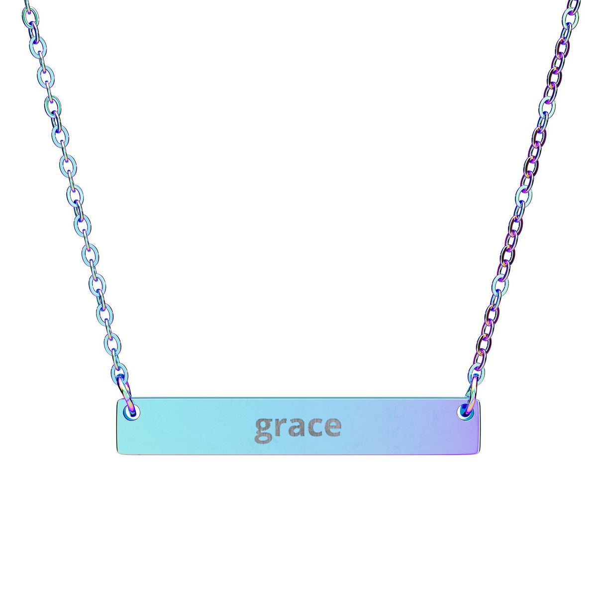 The Signature Pendant Necklace in rainbow PVD - engraved bar pendant on a fine chain