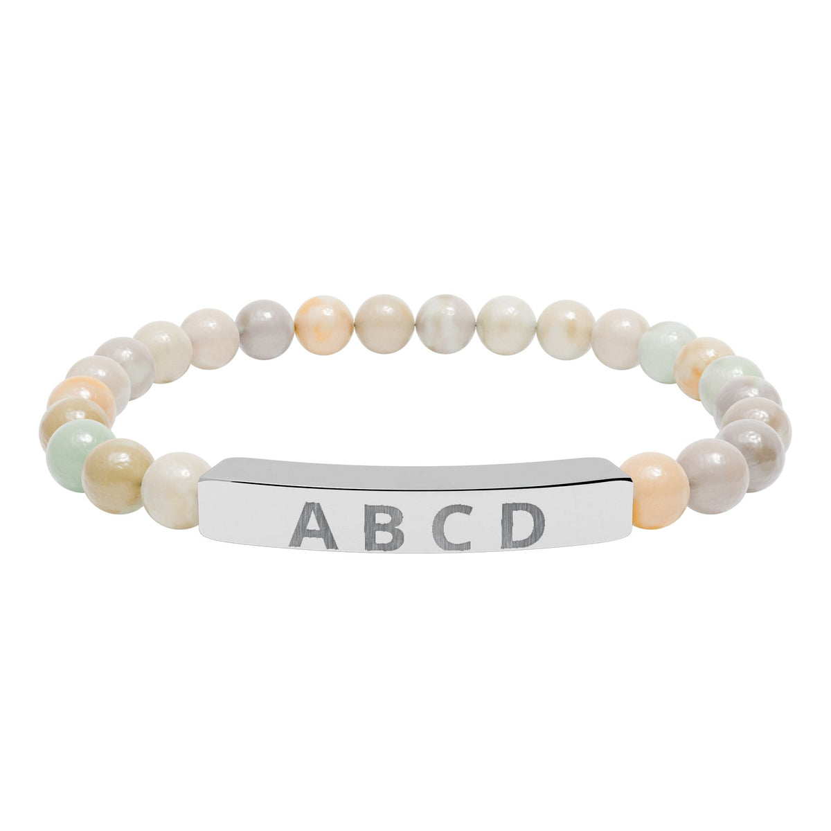 The Family Initials Bracelet with amazonite beads and a stainless steel engraved bar