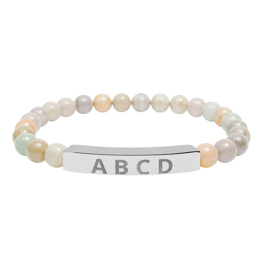 The Family Initials Bracelet with amazonite beads and a stainless steel engraved bar