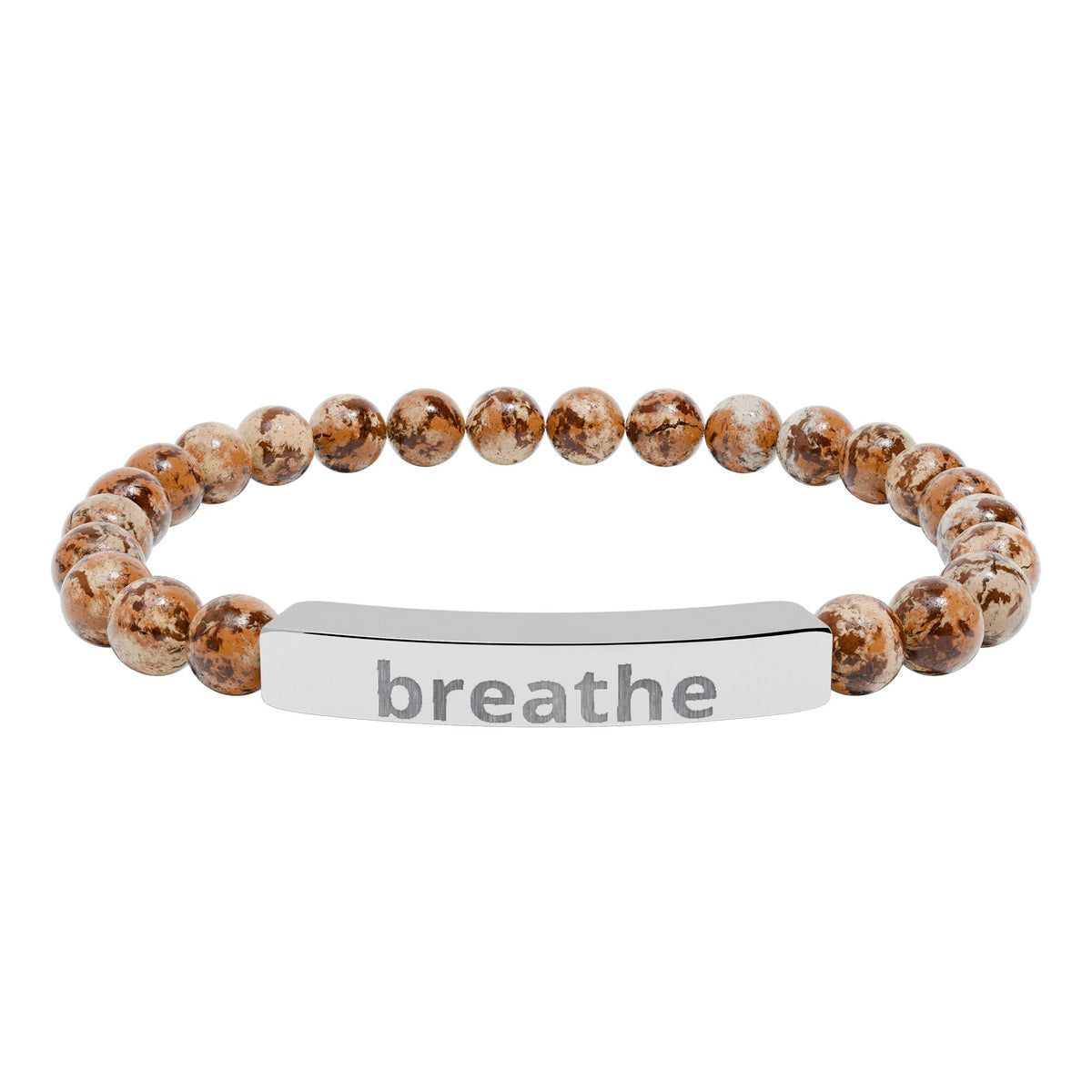 The Quiet Luxe Bracelet with picture jasper beads and a stainless steel engraved bar