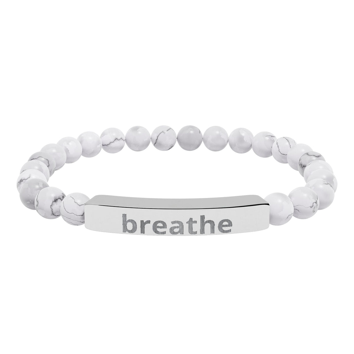 The Quiet Luxe Bracelet with howlite beads and a stainless steel engraved bar