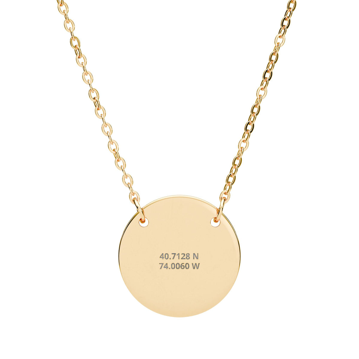 The Coordinates Necklace in 18K gold PVD - disc pendant engraved with latitude and longitude