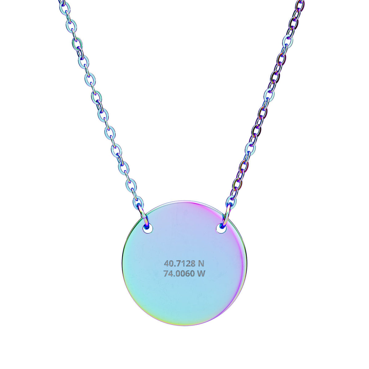The Coordinates Necklace in rainbow PVD - disc pendant engraved with latitude and longitude
