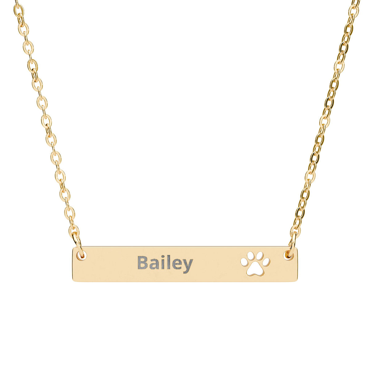 The Paw Print Necklace in 18K gold PVD - engraved bar pendant with cutout paw detail
