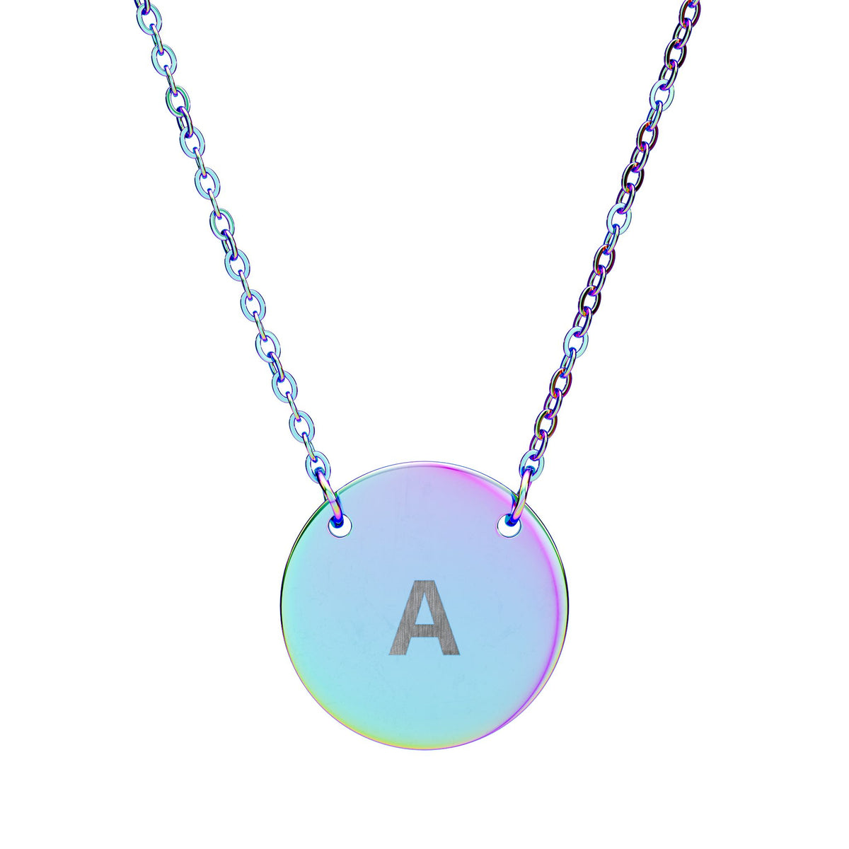 The Initial Coin Necklace in rainbow PVD - engraved round disc pendant