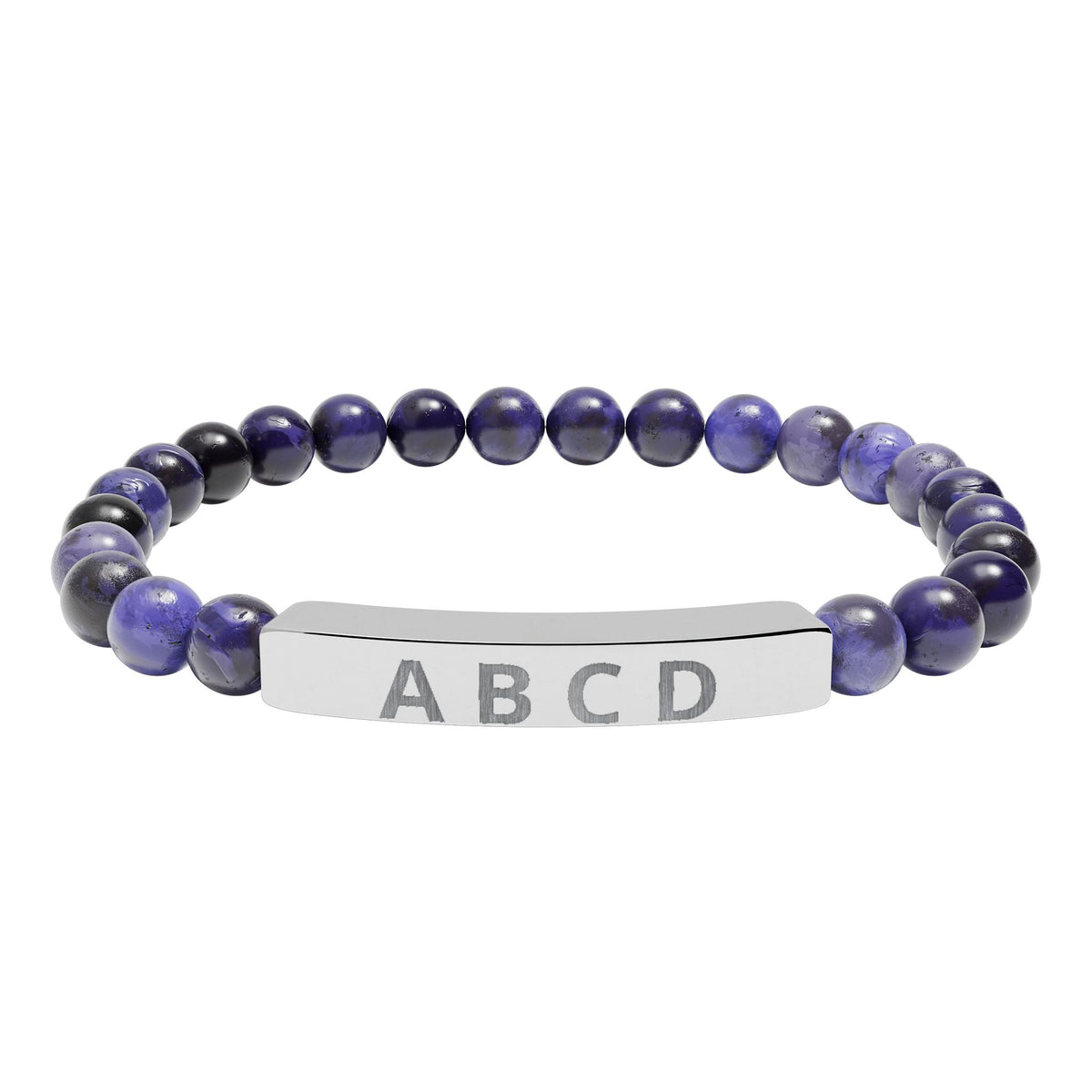The Family Initials Bracelet with sodalite beads and a stainless steel engraved bar