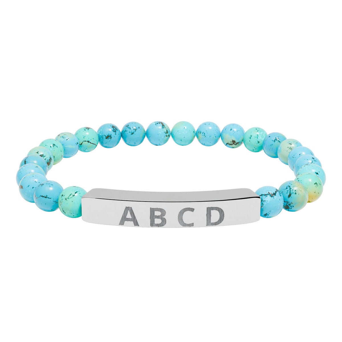 The Family Initials Bracelet with turquoise beads and a stainless steel engraved bar