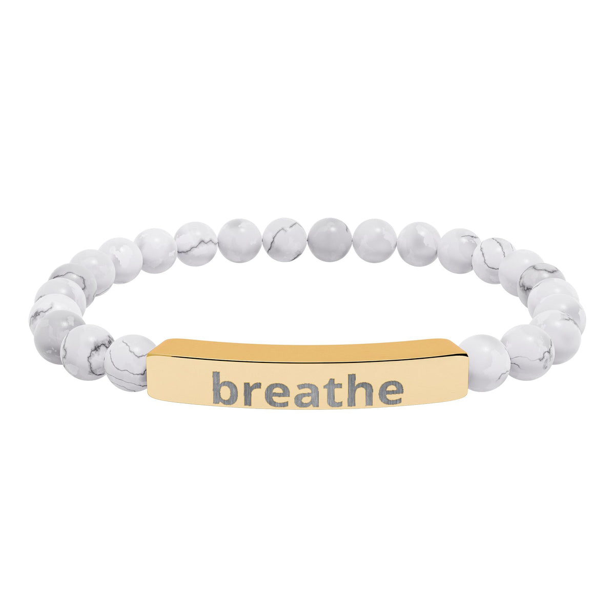 The Quiet Luxe Bracelet with howlite beads and an 18K gold PVD engraved bar