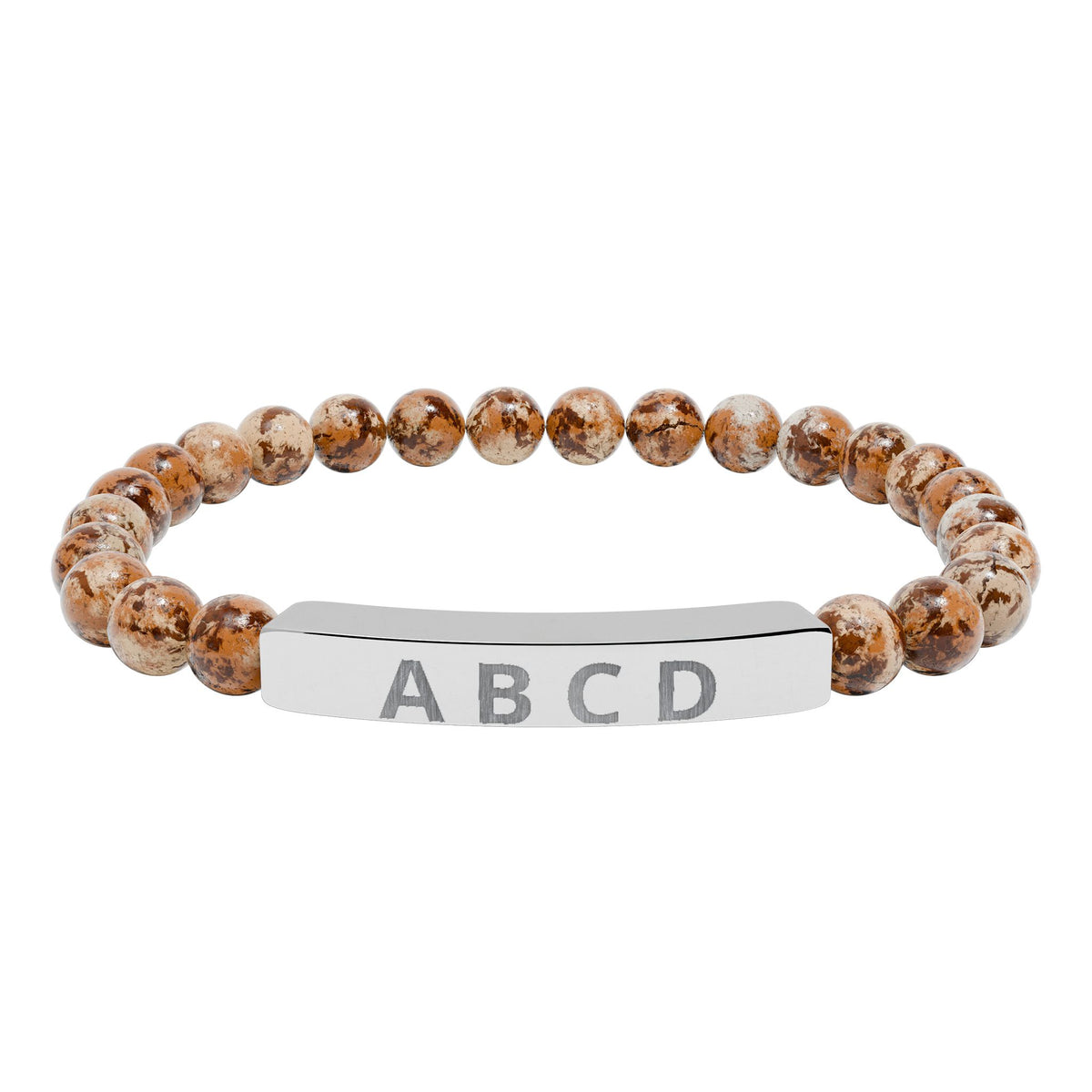 The Family Initials Bracelet with picture jasper beads and a stainless steel engraved bar