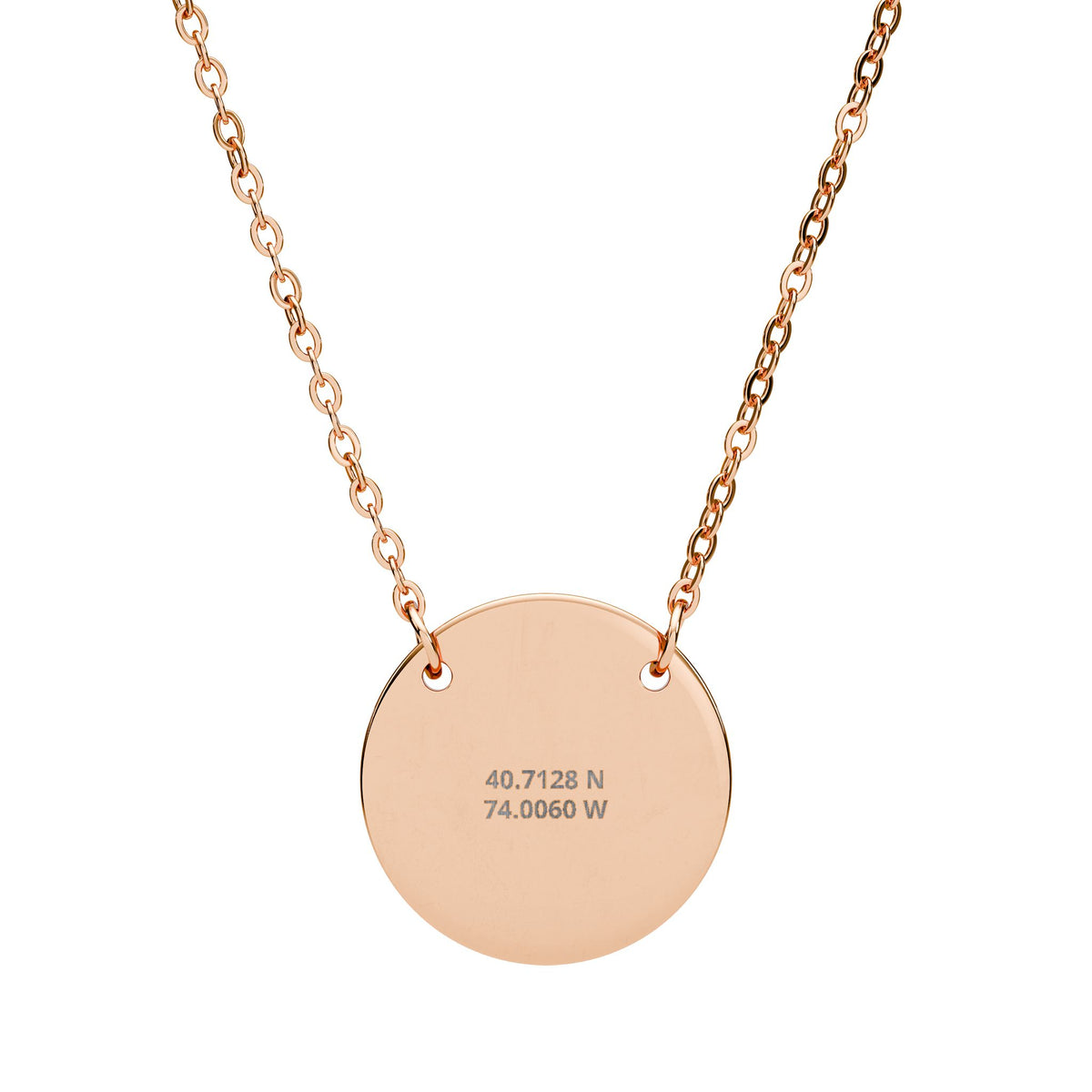The Coordinates Necklace in 18K rose gold PVD - disc pendant engraved with latitude and longitude