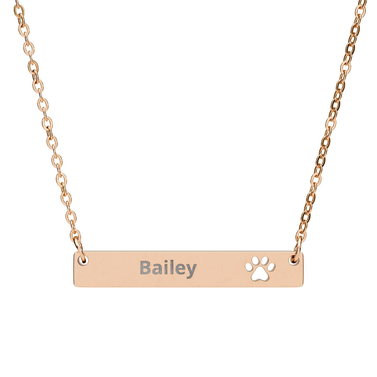 The Paw Print Necklace in 18K rose gold PVD - engraved bar pendant with cutout paw detail