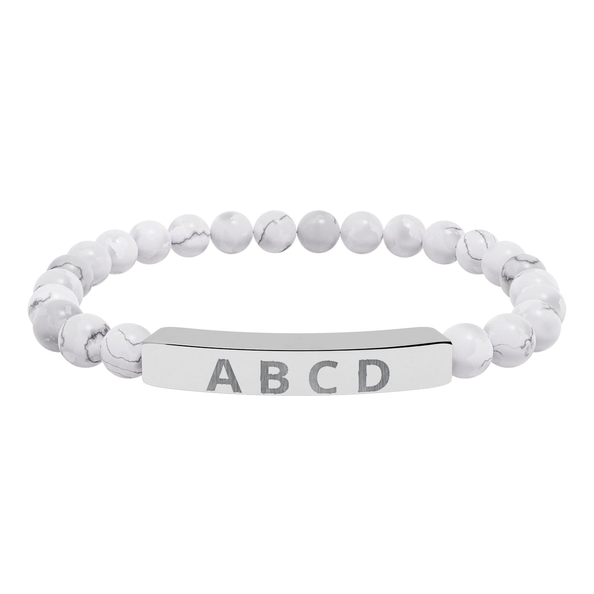The Family Initials Bracelet with howlite beads and a stainless steel engraved bar