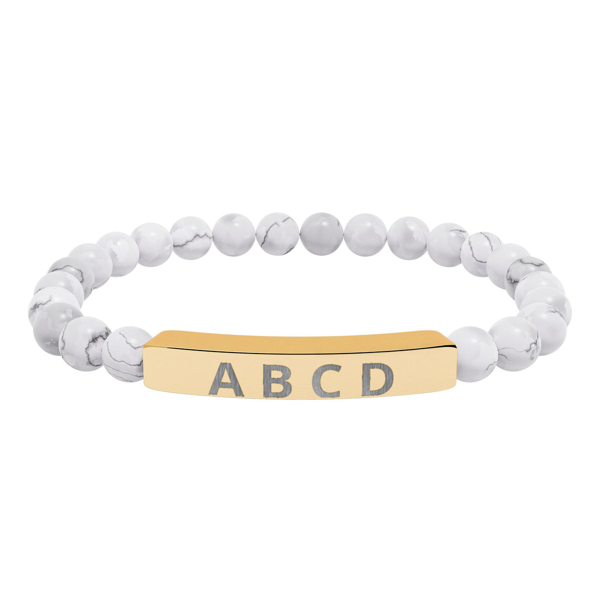 The Family Initials Bracelet with howlite beads and an 18K gold PVD engraved bar