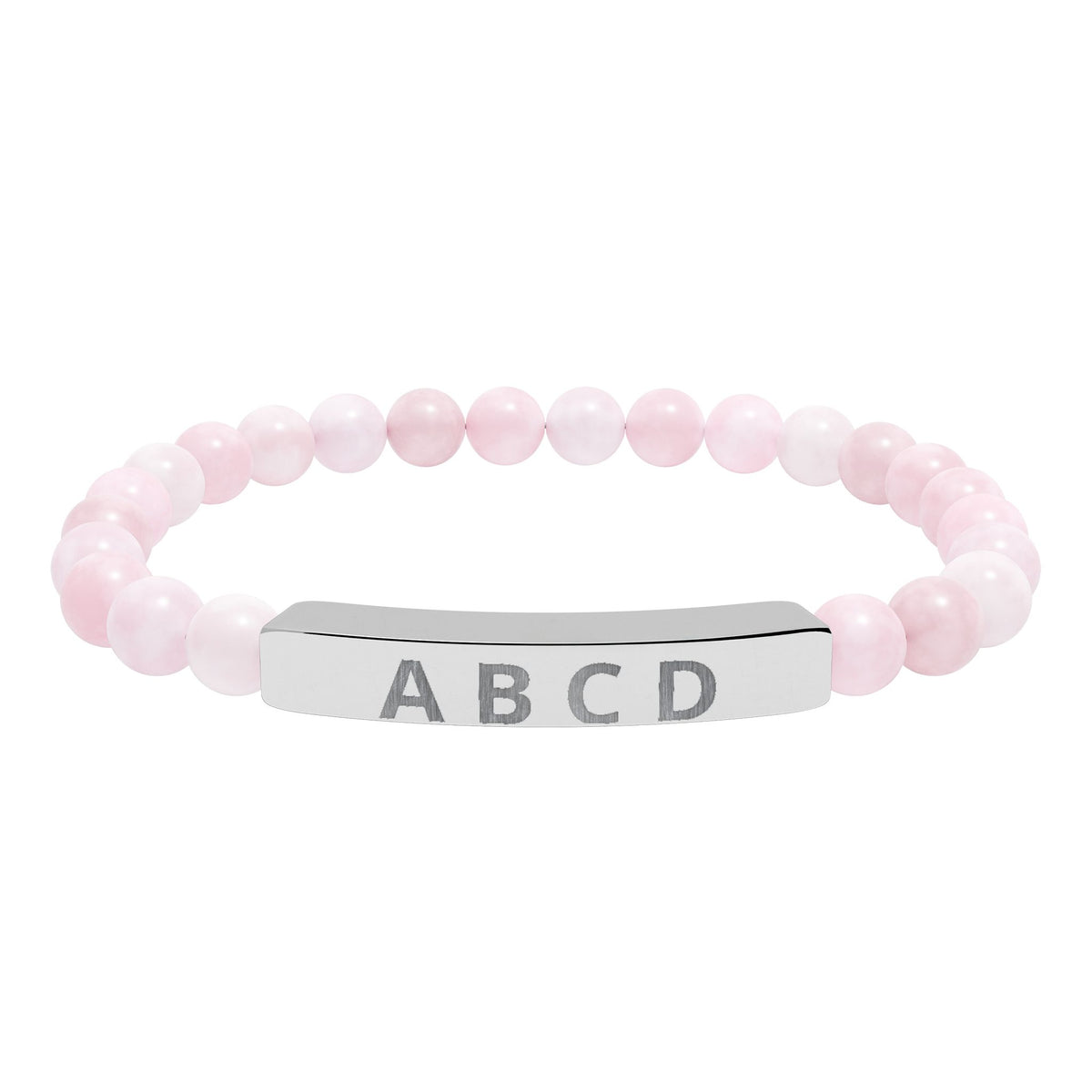The Family Initials Bracelet with rose quartz beads and a stainless steel engraved bar