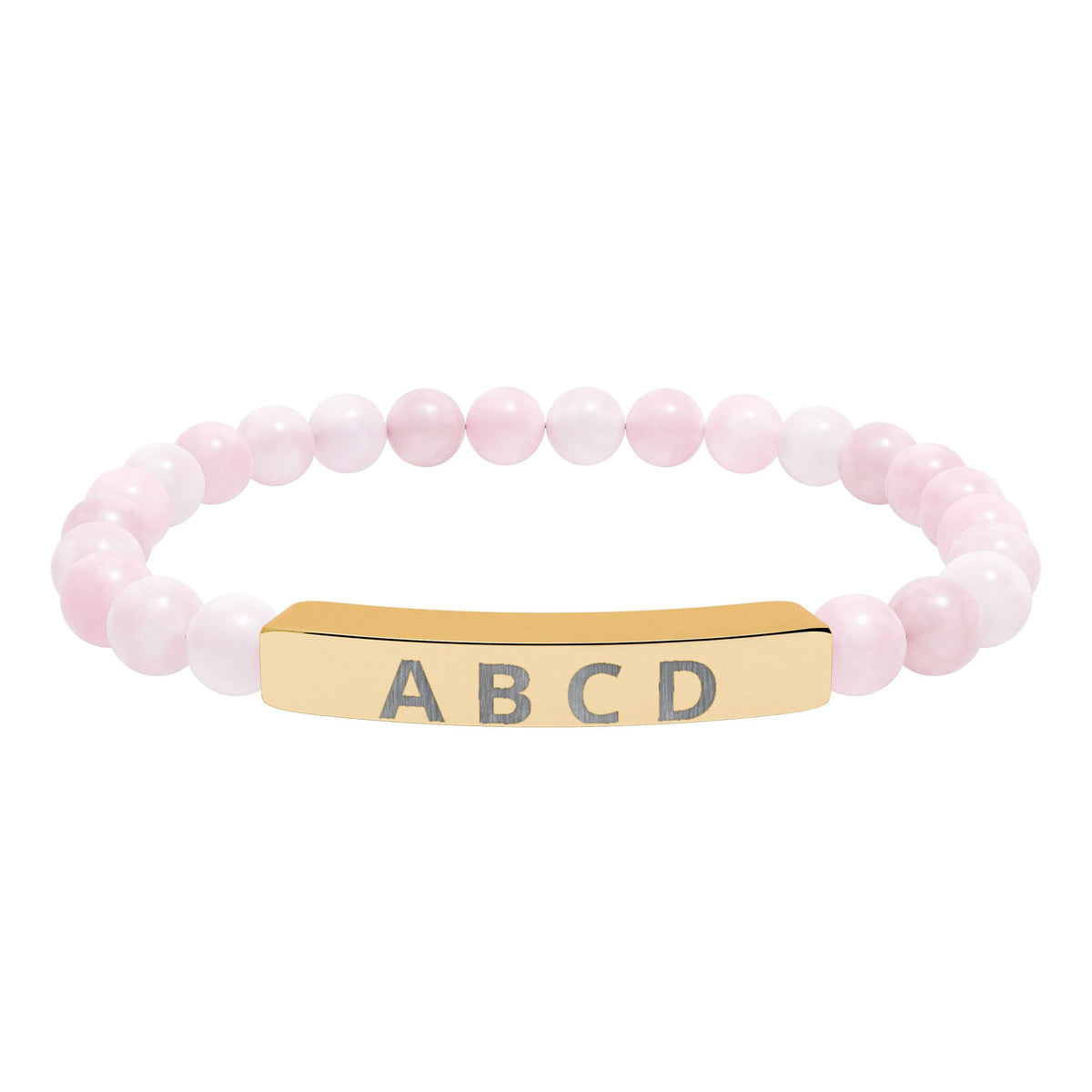 The Family Initials Bracelet with rose quartz beads and an 18K gold PVD engraved bar