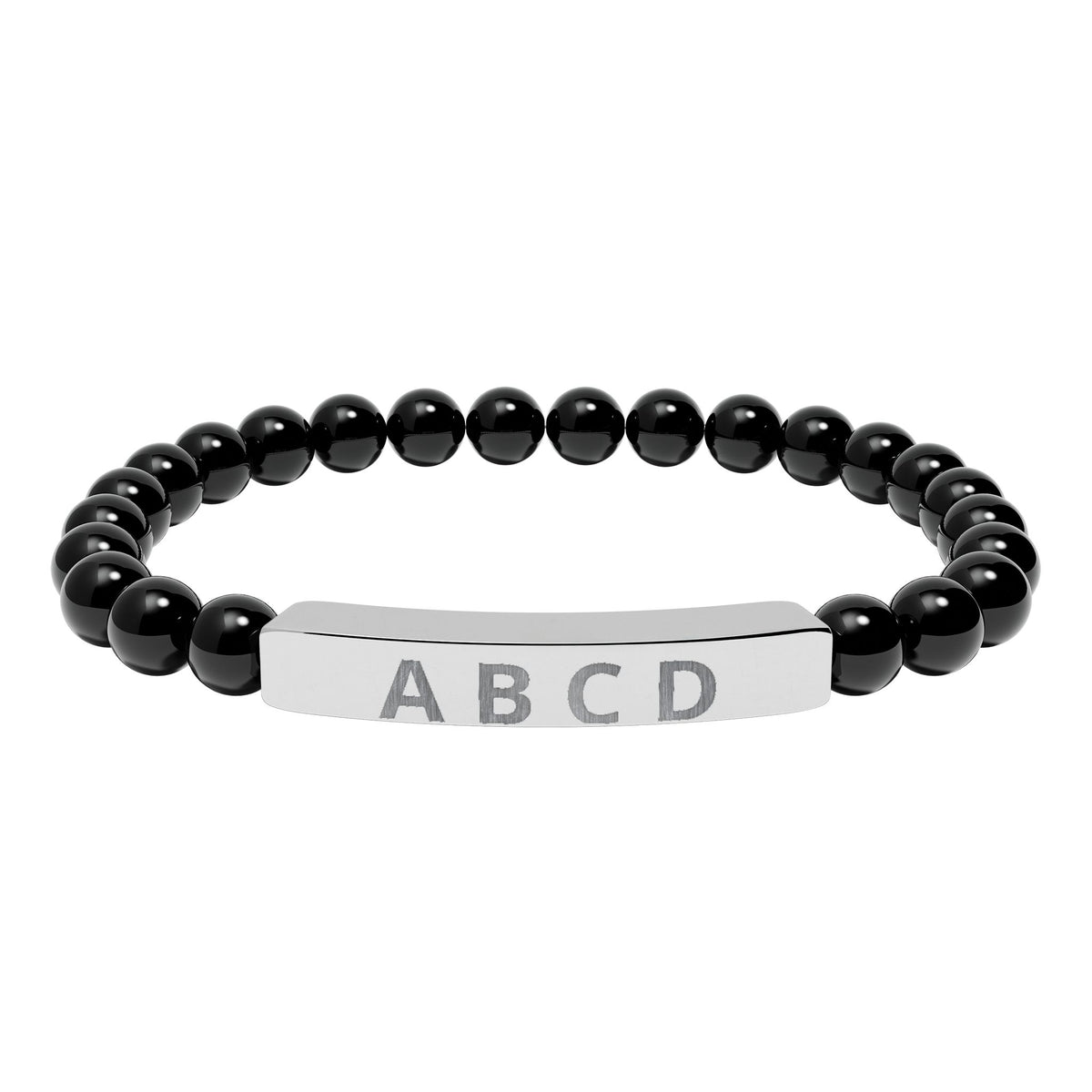 The Family Initials Bracelet with onyx beads and a stainless steel engraved bar