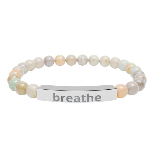 The Quiet Luxe Bracelet with amazonite beads and a stainless steel engraved bar