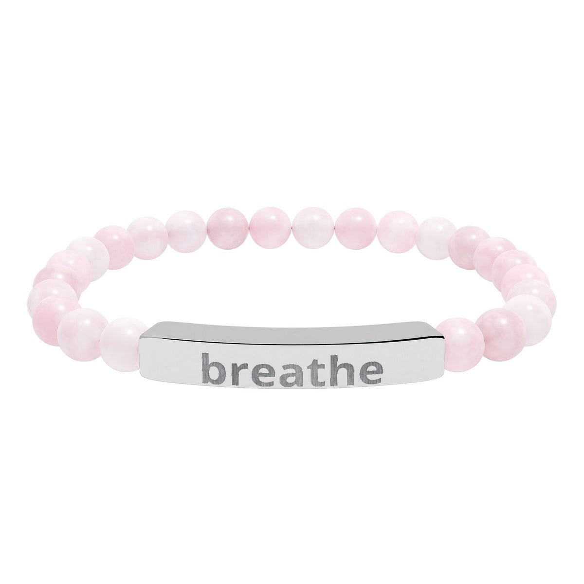 The Quiet Luxe Bracelet with rose quartz beads and a stainless steel engraved bar