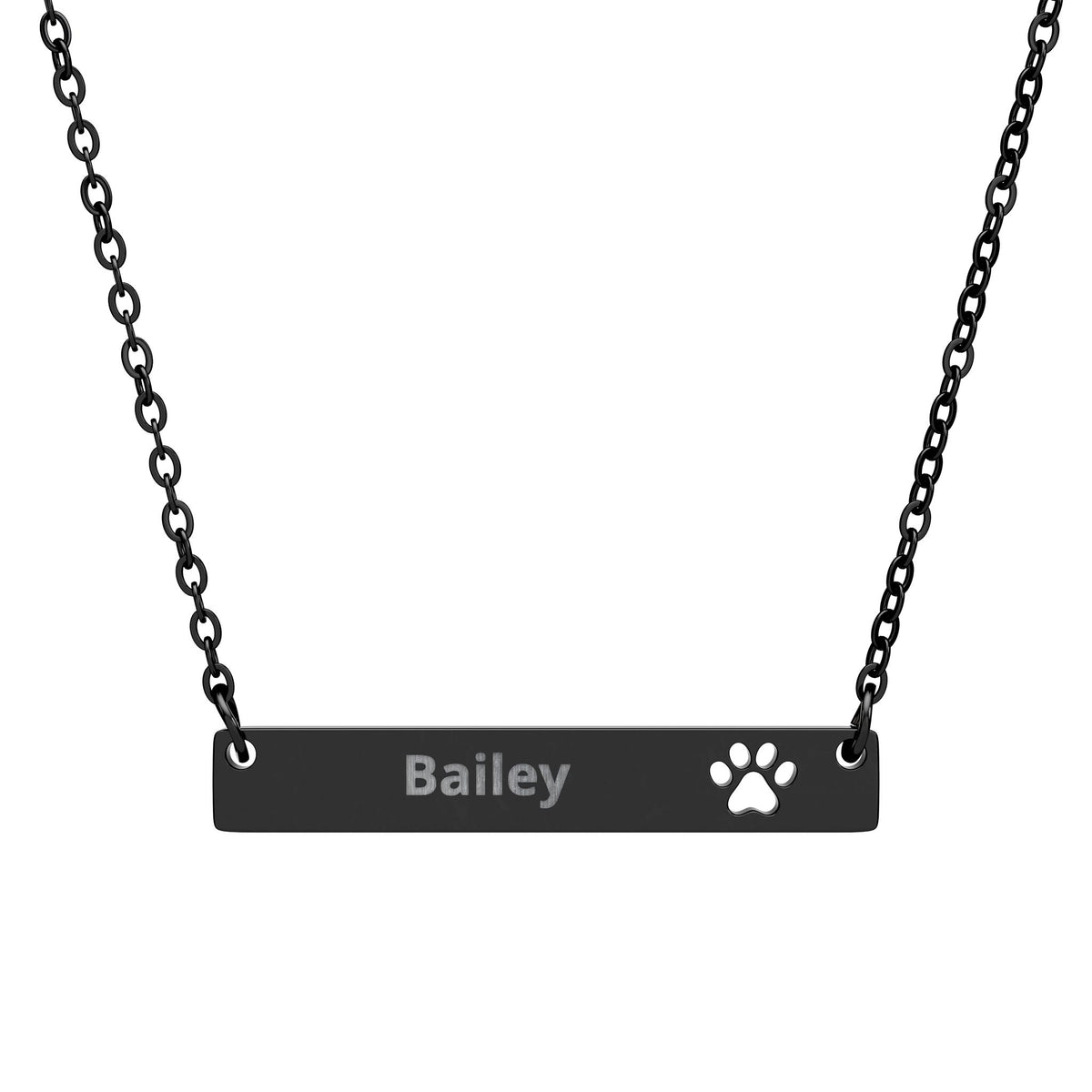 The Paw Print Necklace in black PVD - engraved bar pendant with cutout paw detail