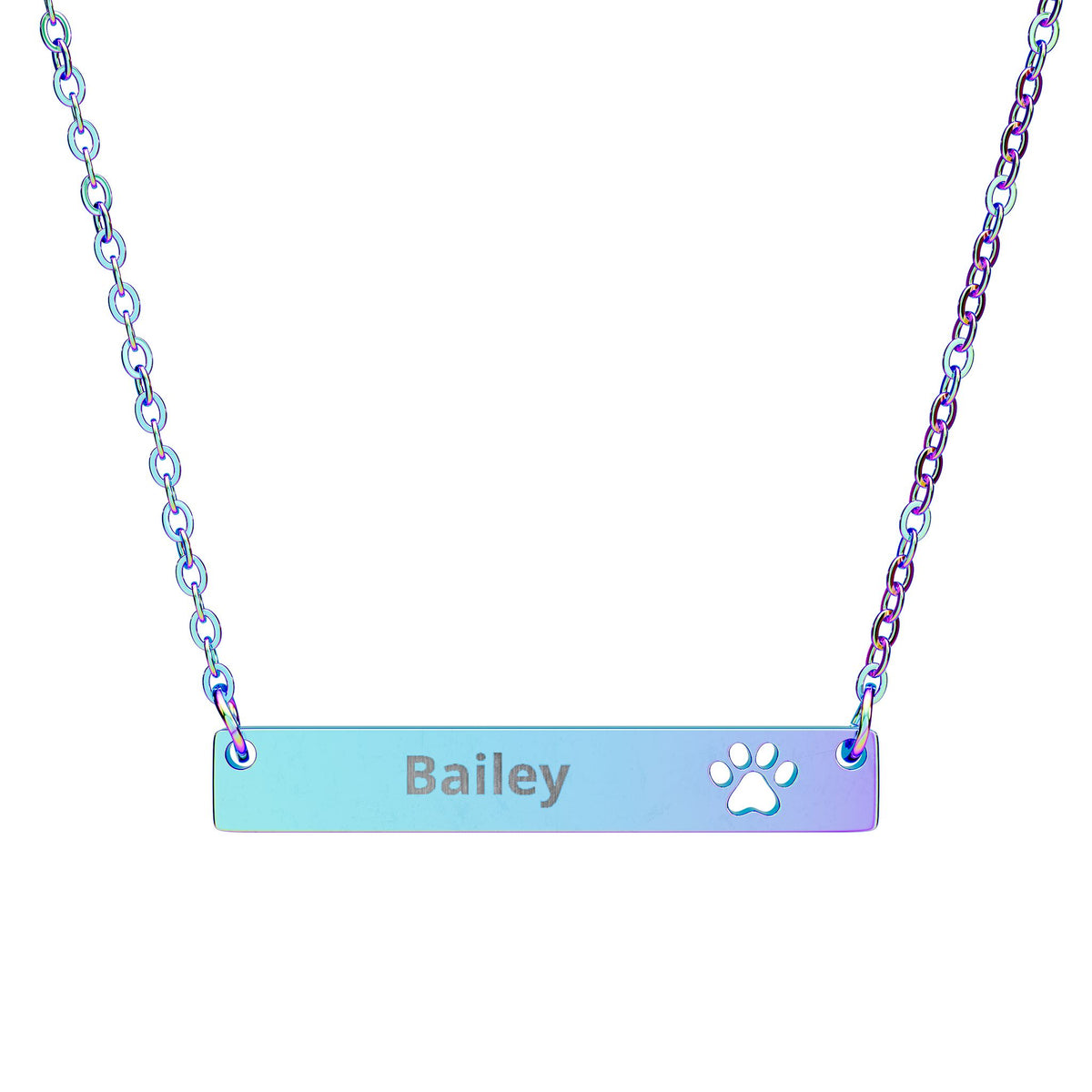 The Paw Print Necklace in rainbow PVD - engraved bar pendant with cutout paw detail