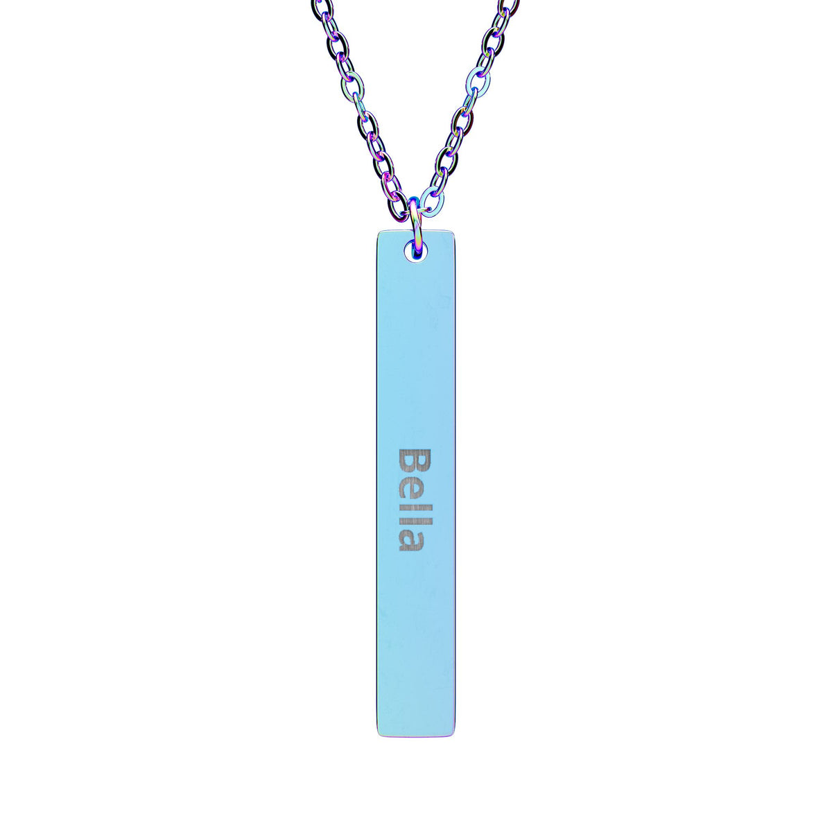 The Personalized Name Necklace in rainbow PVD - engraved vertical bar pendant