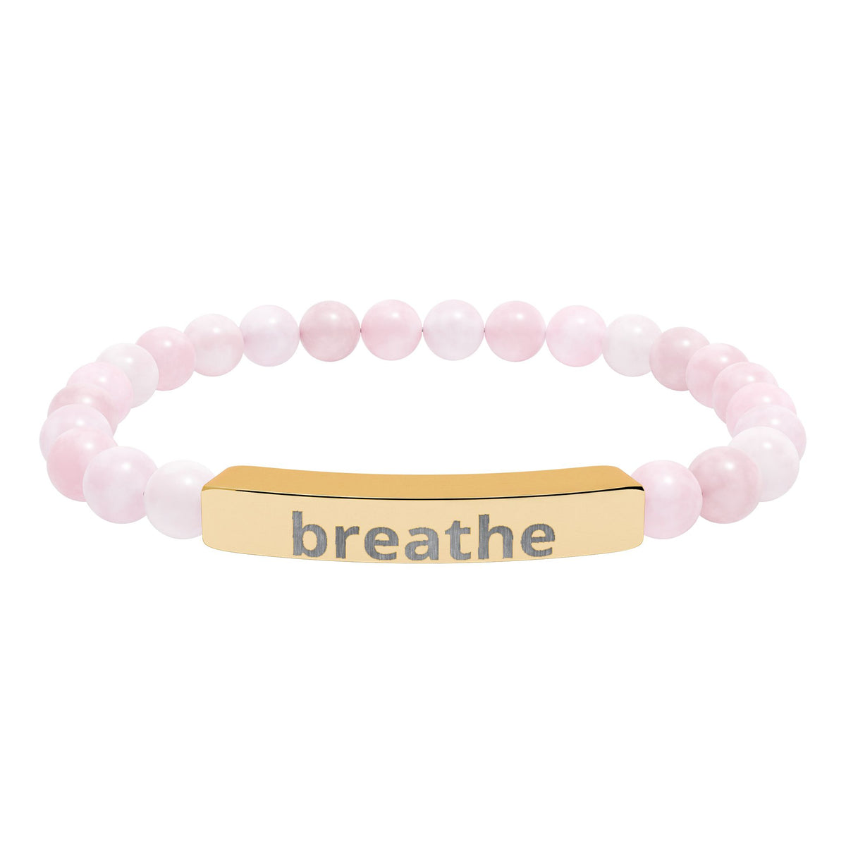 The Quiet Luxe Bracelet with rose quartz beads and an 18K gold PVD engraved bar