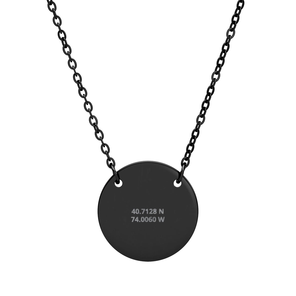 The Coordinates Necklace in black PVD - disc pendant engraved with latitude and longitude